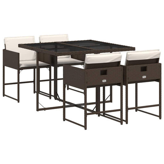 5 Piece Garden Dining Set with Cushions Brown Poly Rattan