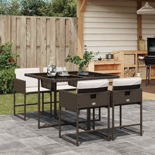 5 Piece Garden Dining Set with Cushions Brown Poly Rattan