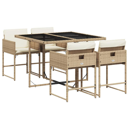5 Piece Garden Dining Set with Cushions Beige Poly Rattan