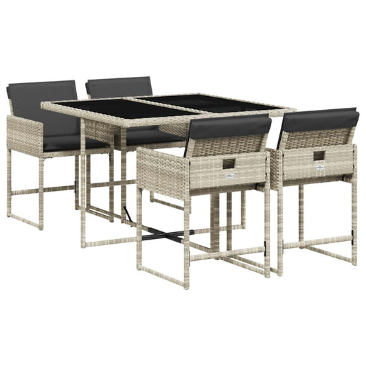 5 Piece Garden Dining Set with Cushions Light Grey Poly Rattan