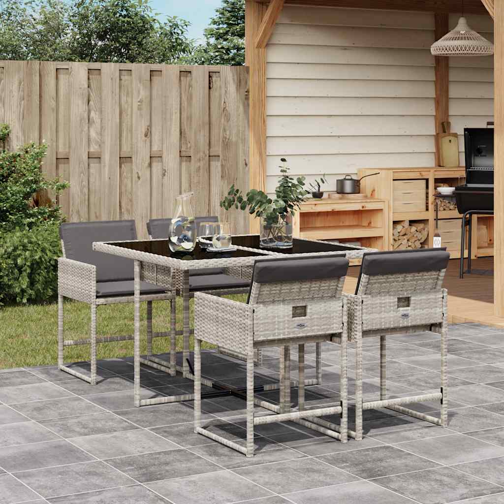 5 Piece Garden Dining Set with Cushions Light Grey Poly Rattan