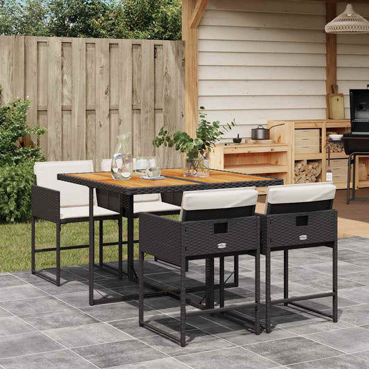5 Piece Garden Dining Set with Cushions Black Poly Rattan