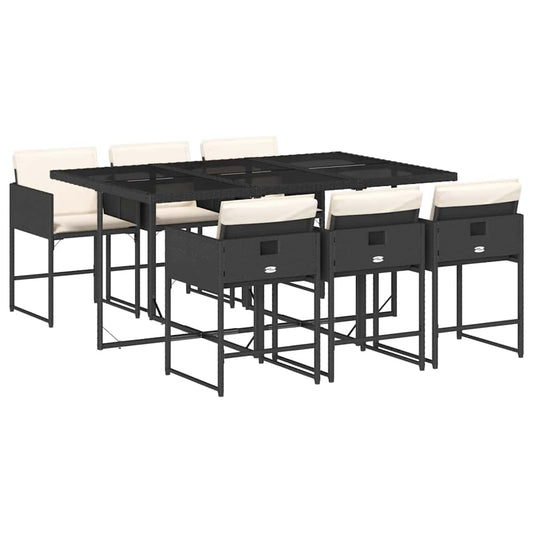 7 Piece Garden Dining Set with Cushions Black Poly Rattan