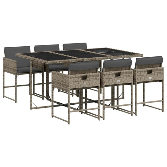 7 Piece Garden Dining Set with Cushions Grey Poly Rattan