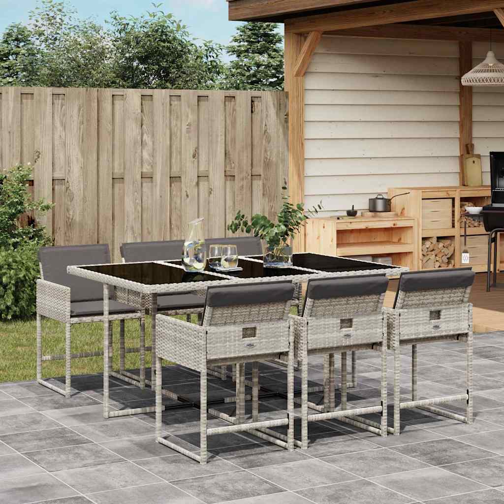 7 Piece Garden Dining Set with Cushions Light Grey Poly Rattan