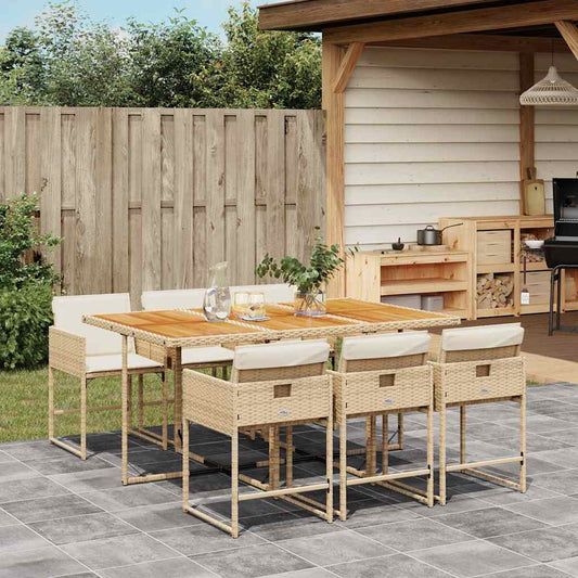 7 Piece Garden Dining Set with Cushions Beige Poly Rattan