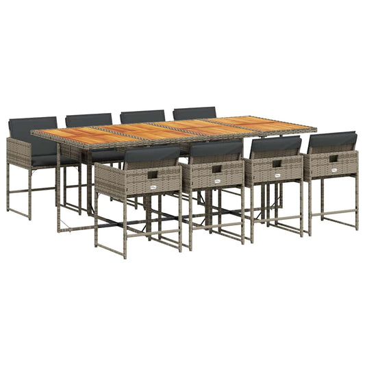 9 Piece Garden Dining Set with Cushions Grey Poly Rattan