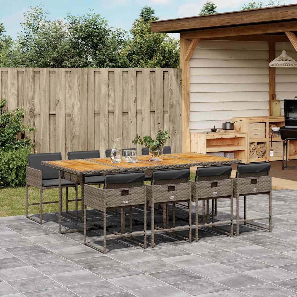 9 Piece Garden Dining Set with Cushions Grey Poly Rattan