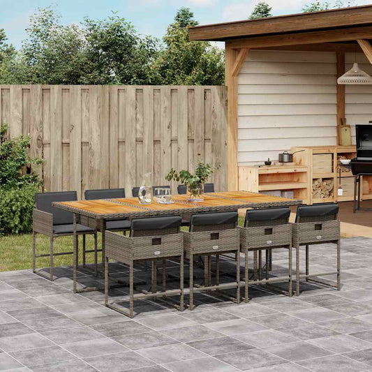 9 Piece Garden Dining Set with Cushions Grey Poly Rattan