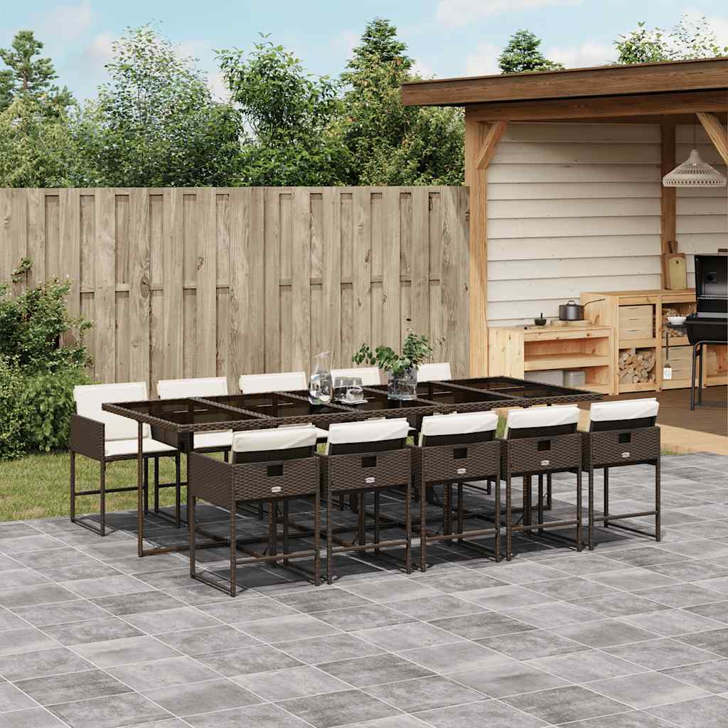 11 Piece Garden Dining Set with Cushions Brown Poly Rattan