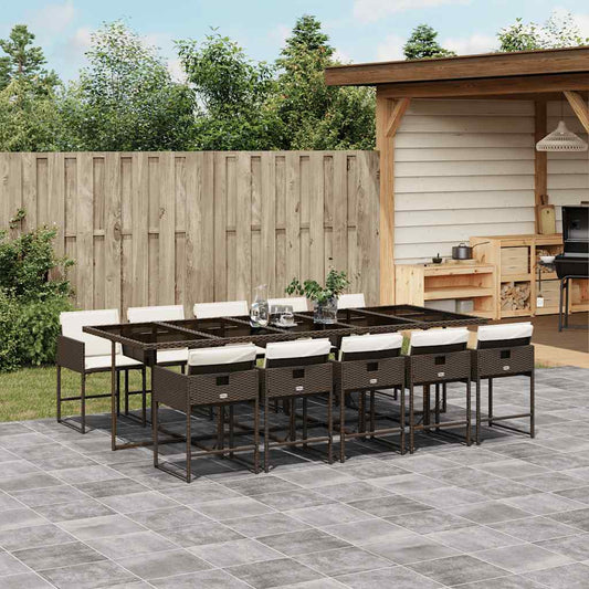 11 Piece Garden Dining Set with Cushions Brown Poly Rattan