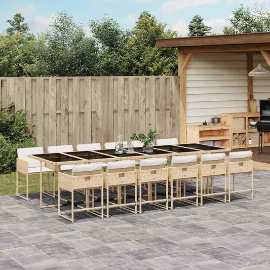 13 Piece Garden Dining Set with Cushions Beige Poly Rattan