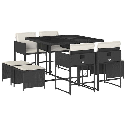 9 Piece Garden Dining Set with Cushions Black Poly Rattan