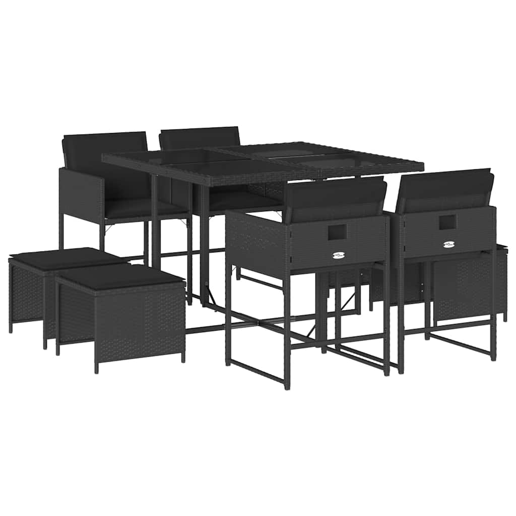 9 Piece Garden Dining Set with Cushions Black Poly Rattan