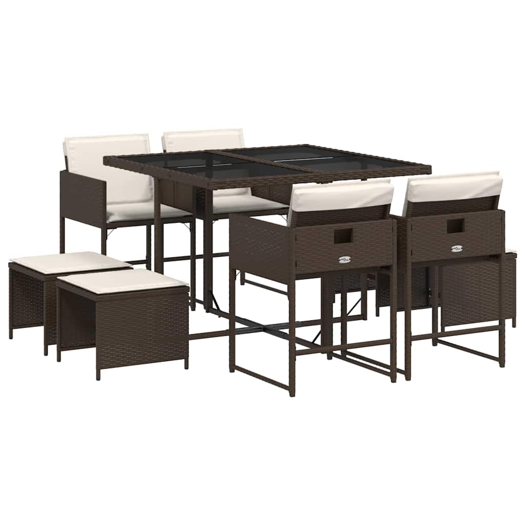 9 Piece Garden Dining Set with Cushions Brown Poly Rattan