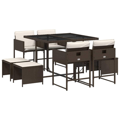 9 Piece Garden Dining Set with Cushions Brown Poly Rattan