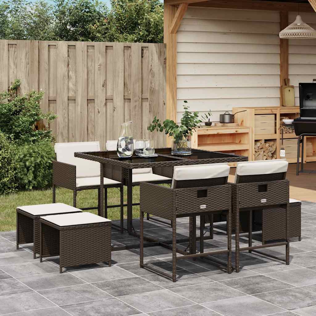9 Piece Garden Dining Set with Cushions Brown Poly Rattan