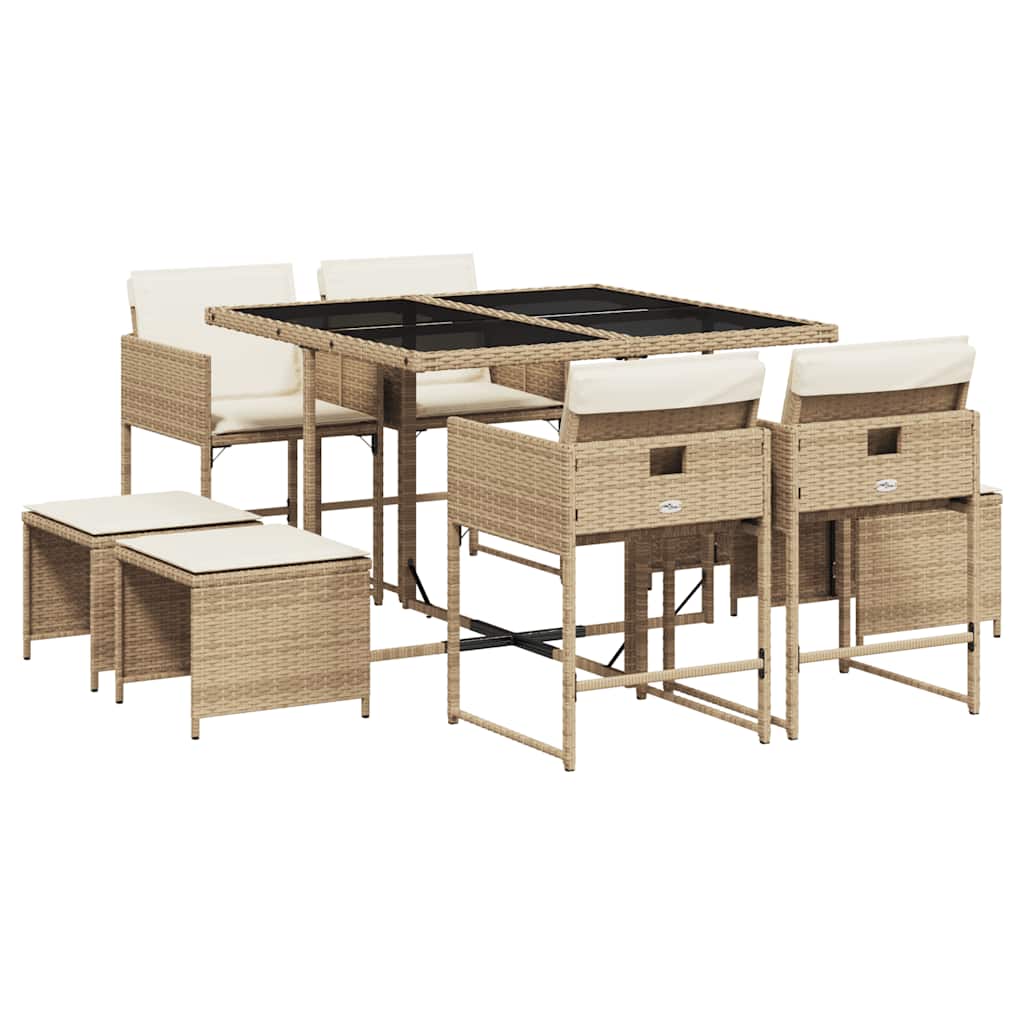 9 Piece Garden Dining Set with Cushions Beige Poly Rattan
