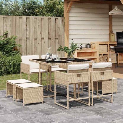 9 Piece Garden Dining Set with Cushions Beige Poly Rattan