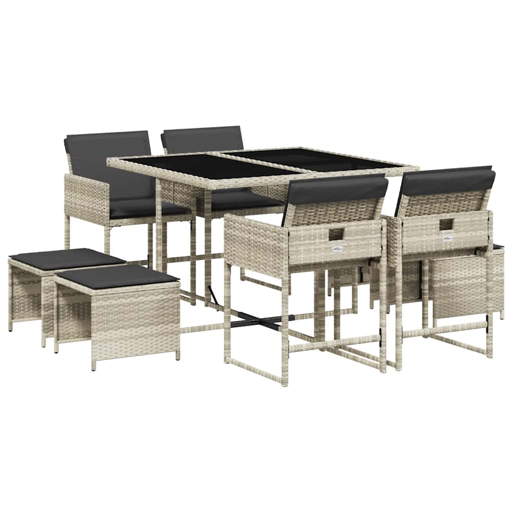 9 Piece Garden Dining Set with Cushions Light Grey Poly Rattan