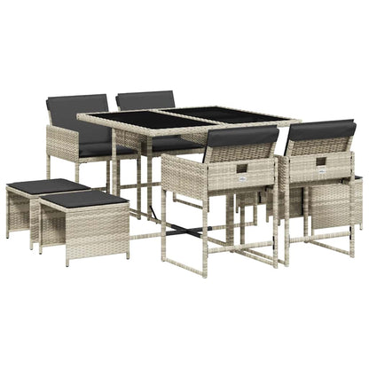 9 Piece Garden Dining Set with Cushions Light Grey Poly Rattan