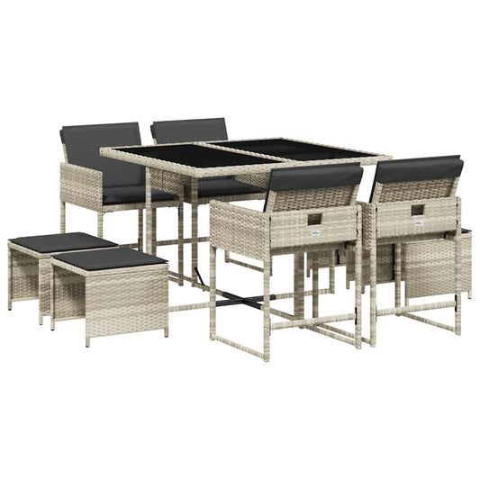 9 Piece Garden Dining Set with Cushions Light Grey Poly Rattan