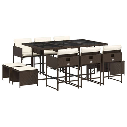 11 Piece Garden Dining Set with Cushions Brown Poly Rattan