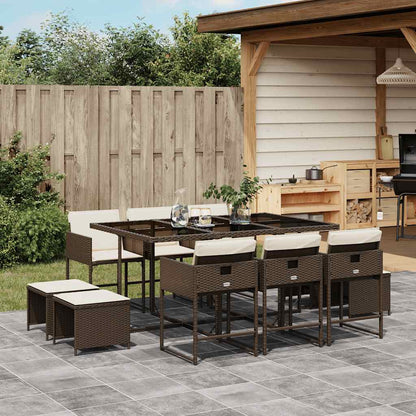 11 Piece Garden Dining Set with Cushions Brown Poly Rattan
