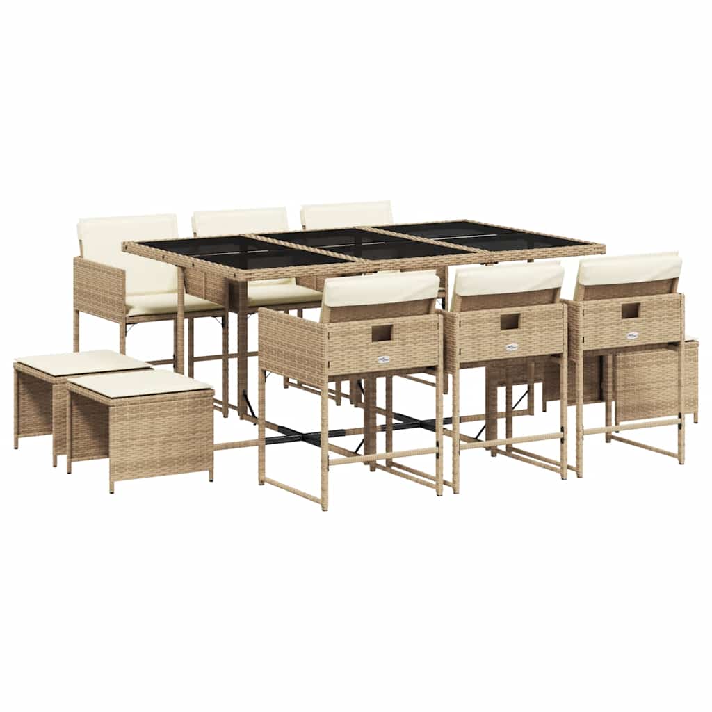 11 Piece Garden Dining Set with Cushions Beige Poly Rattan