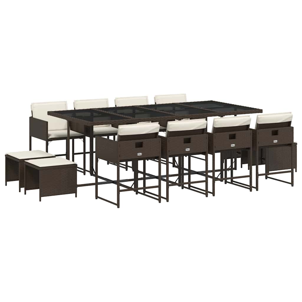 13 Piece Garden Dining Set with Cushions Brown Poly Rattan