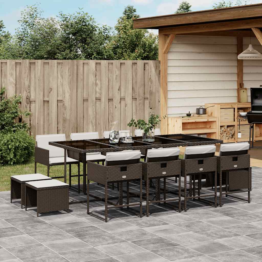 13 Piece Garden Dining Set with Cushions Brown Poly Rattan
