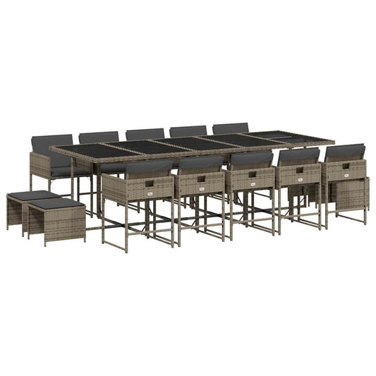 15 Piece Garden Dining Set with Cushions Grey Poly Rattan