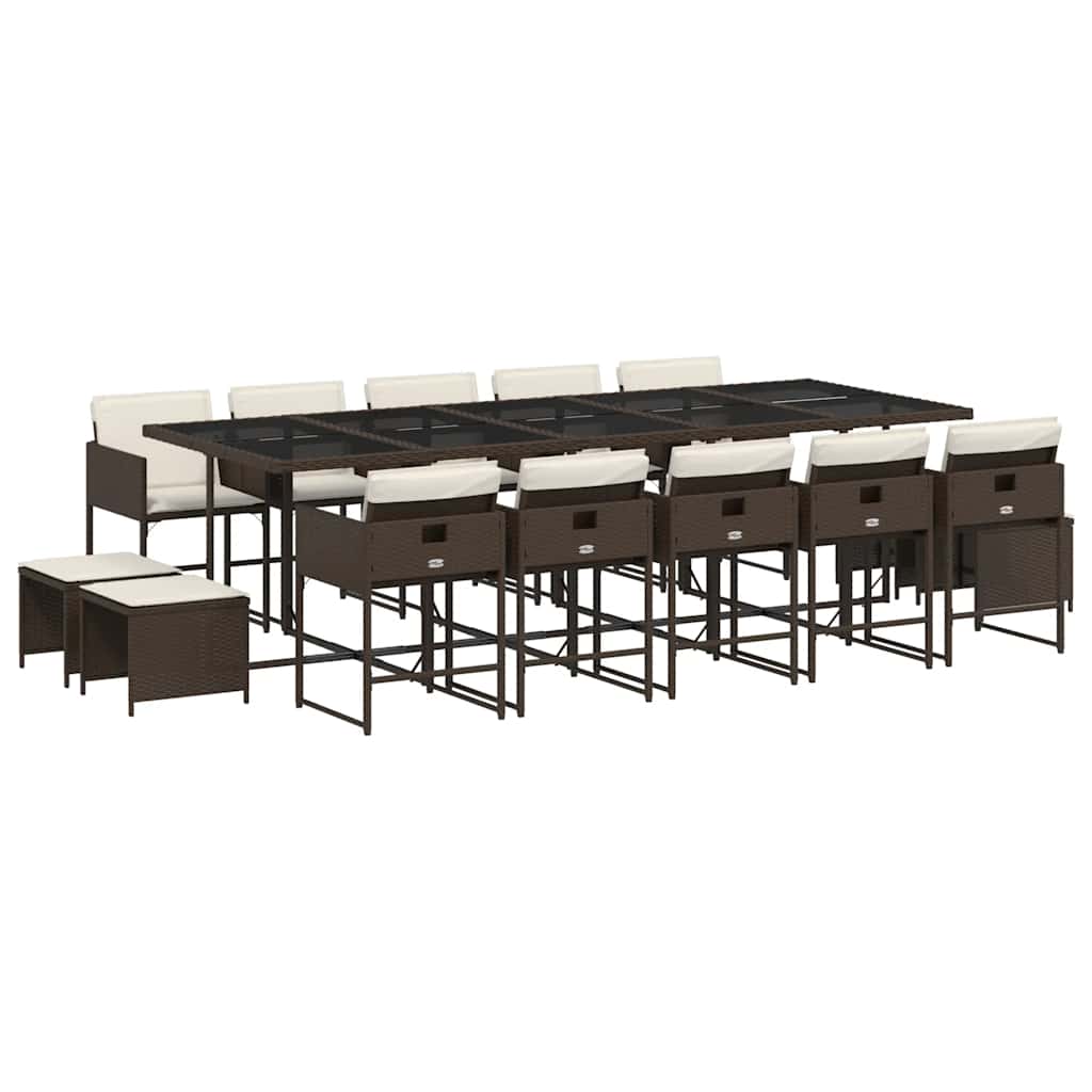 15 Piece Garden Dining Set with Cushions Brown Poly Rattan