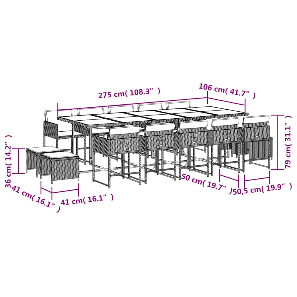 15 Piece Garden Dining Set with Cushions Brown Poly Rattan