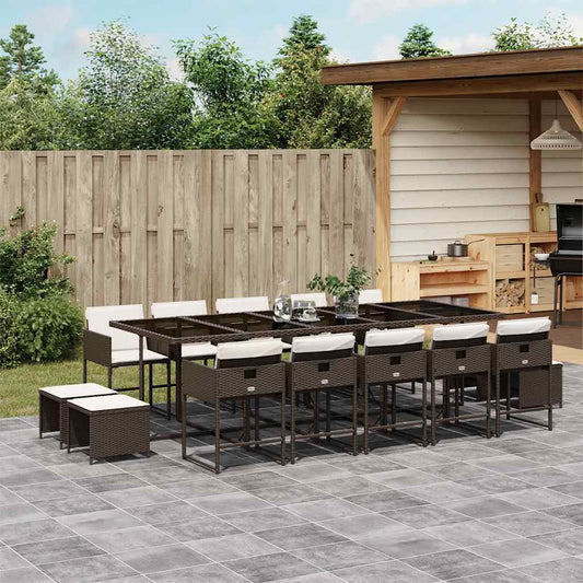 15 Piece Garden Dining Set with Cushions Brown Poly Rattan