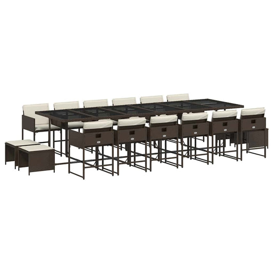17 Piece Garden Dining Set with Cushions Brown Poly Rattan