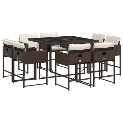 9 Piece Garden Dining Set with Cushions Brown Poly Rattan
