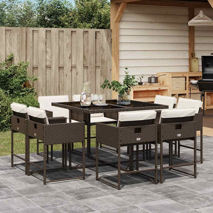 9 Piece Garden Dining Set with Cushions Brown Poly Rattan