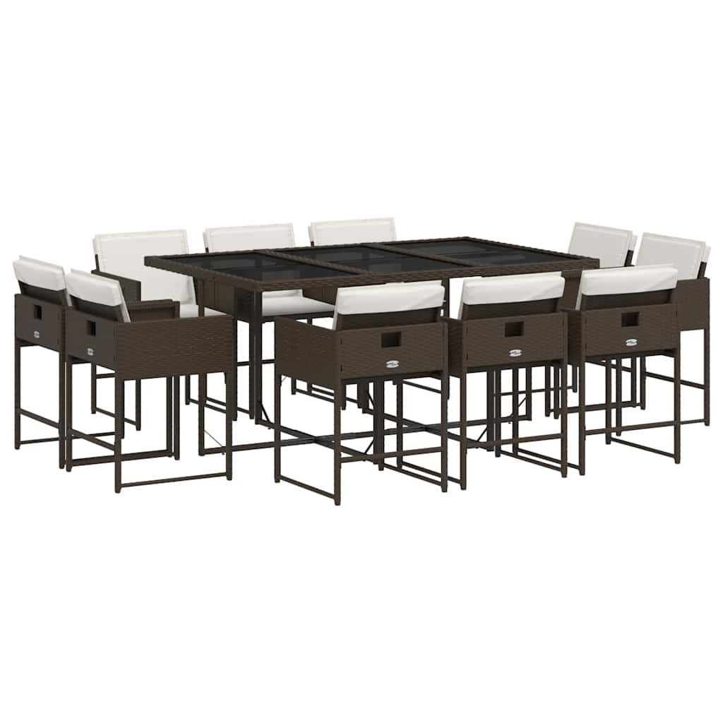 11 Piece Garden Dining Set with Cushions Brown Poly Rattan