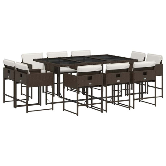 11 Piece Garden Dining Set with Cushions Brown Poly Rattan