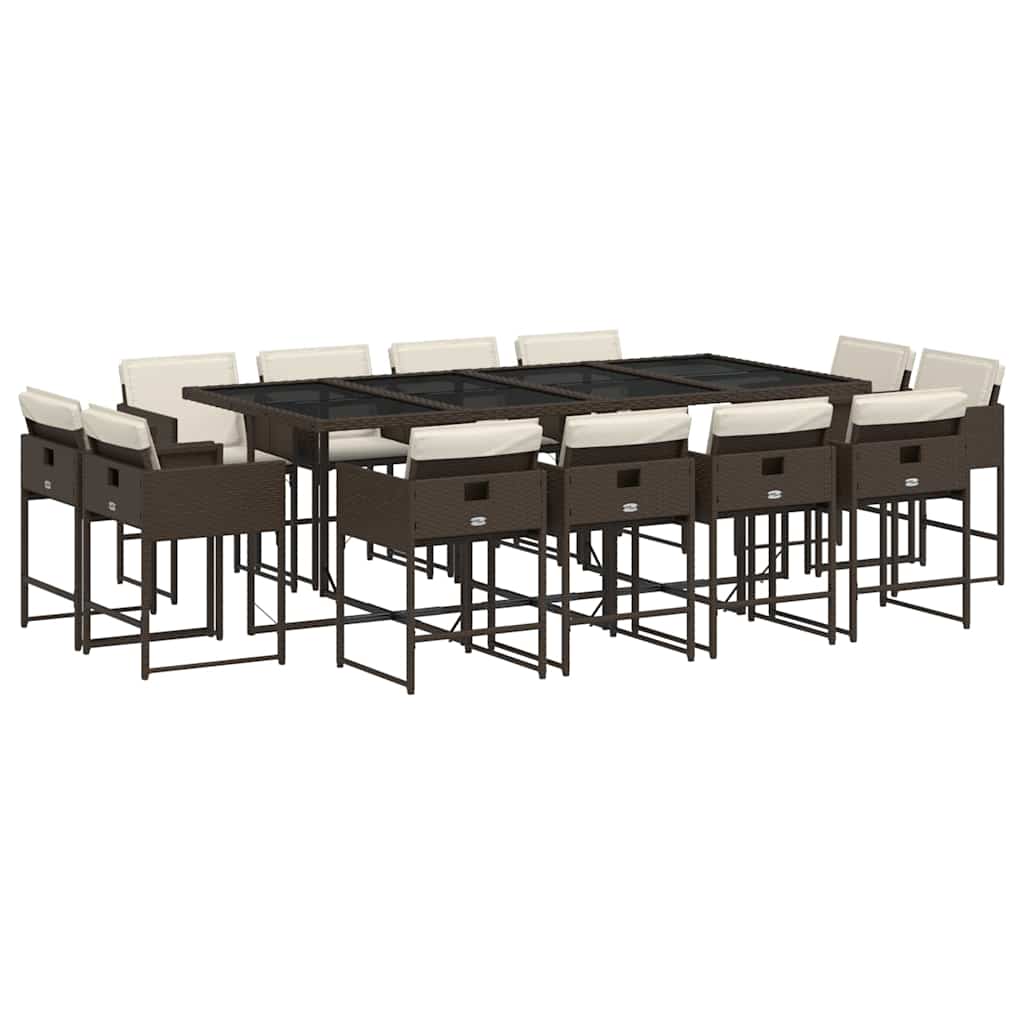 13 Piece Garden Dining Set with Cushions Brown Poly Rattan