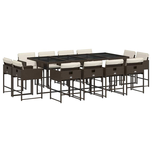13 Piece Garden Dining Set with Cushions Brown Poly Rattan