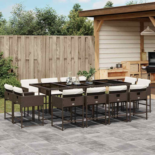 13 Piece Garden Dining Set with Cushions Brown Poly Rattan