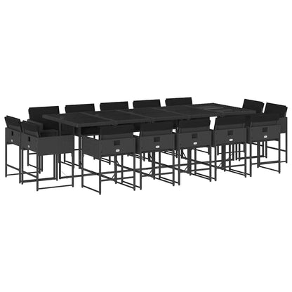 15 Piece Garden Dining Set with Cushions Black Poly Rattan