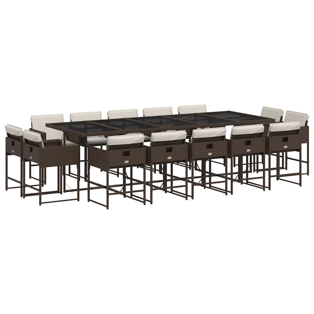 15 Piece Garden Dining Set with Cushions Brown Poly Rattan