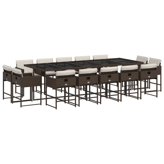 15 Piece Garden Dining Set with Cushions Brown Poly Rattan