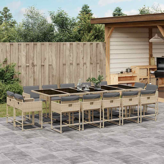 15 Piece Garden Dining Set with Cushions Mix Beige Poly Rattan