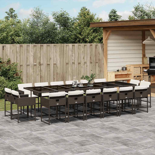 17 Piece Garden Dining Set with Cushions Brown Poly Rattan