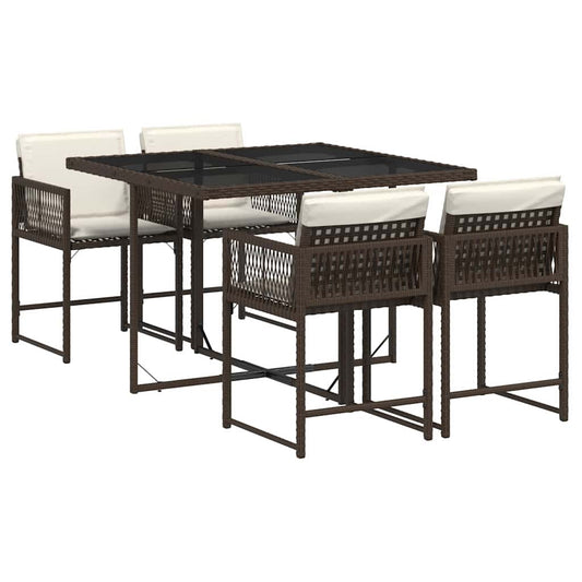5 Piece Garden Dining Set with Cushions Brown Poly Rattan