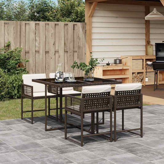 5 Piece Garden Dining Set with Cushions Brown Poly Rattan